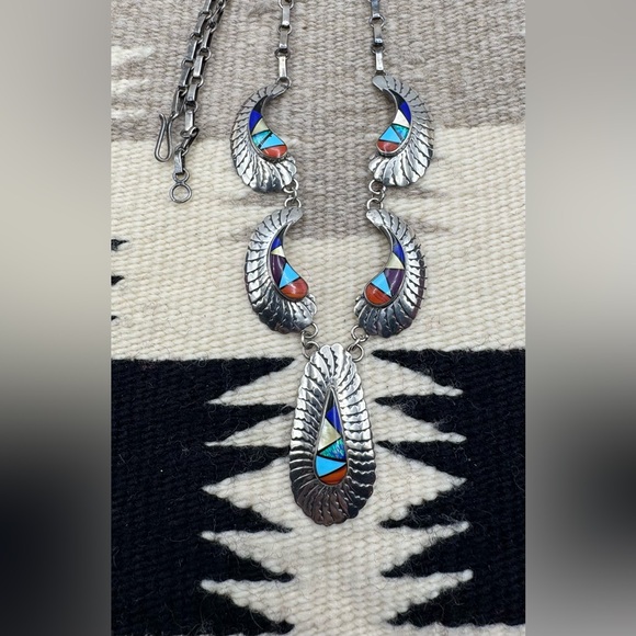 Native American Jewelry - Native American Sterling Silver Turquoise Opal Multi Stone Inlay Bib Necklace